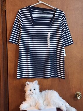 Croft & Barrow Navy and White Striped Square Neck Top